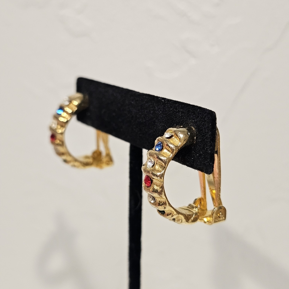 Gold Hoop Clip On Earrings with Multicolor Gem Rhinestone Accents